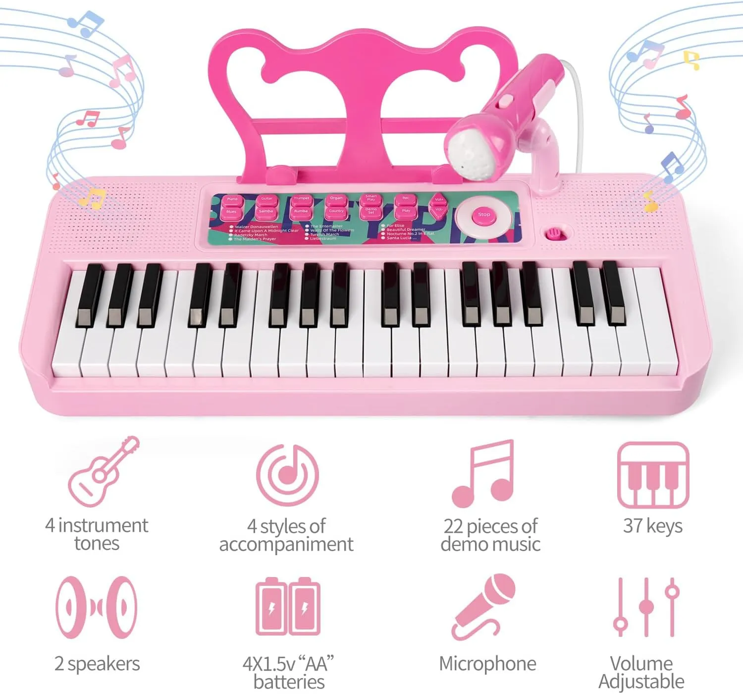 Contixo KP1 Toddler Piano Keyboard – 37-Key Music Toy with Mic, Dual Speakers, 22 Demos, 4 Instrument Sounds, Volume Control – Early Learning Musical Toy for Kids 3-8