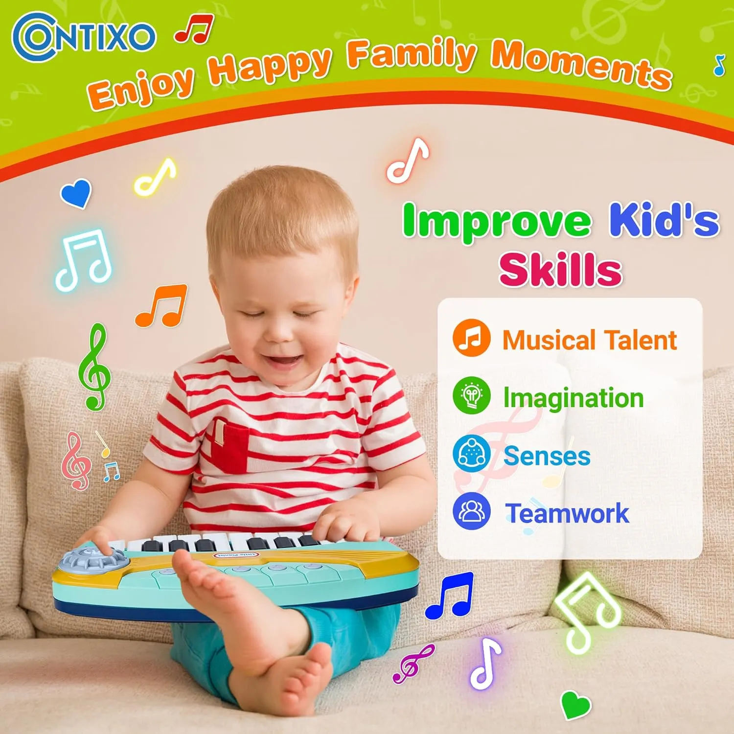 Contixo KP2 Toddler Piano Keyboard - Mini Baby Pianos for Kids Ages 1–5 with Lights, Volume Control – Early Learning Musical Instrument Toy for Boys & Girls-Blue