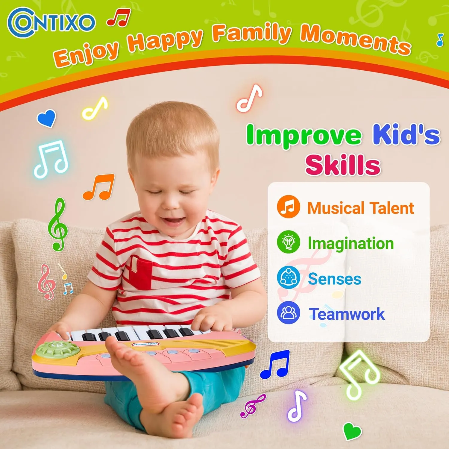 Contixo KP2 Toddler Piano Keyboard - Mini Baby Pianos for Kids Ages 1–5 with Lights, Volume Control – Early Learning Musical Instrument Toy for Boys & Girls-Pink