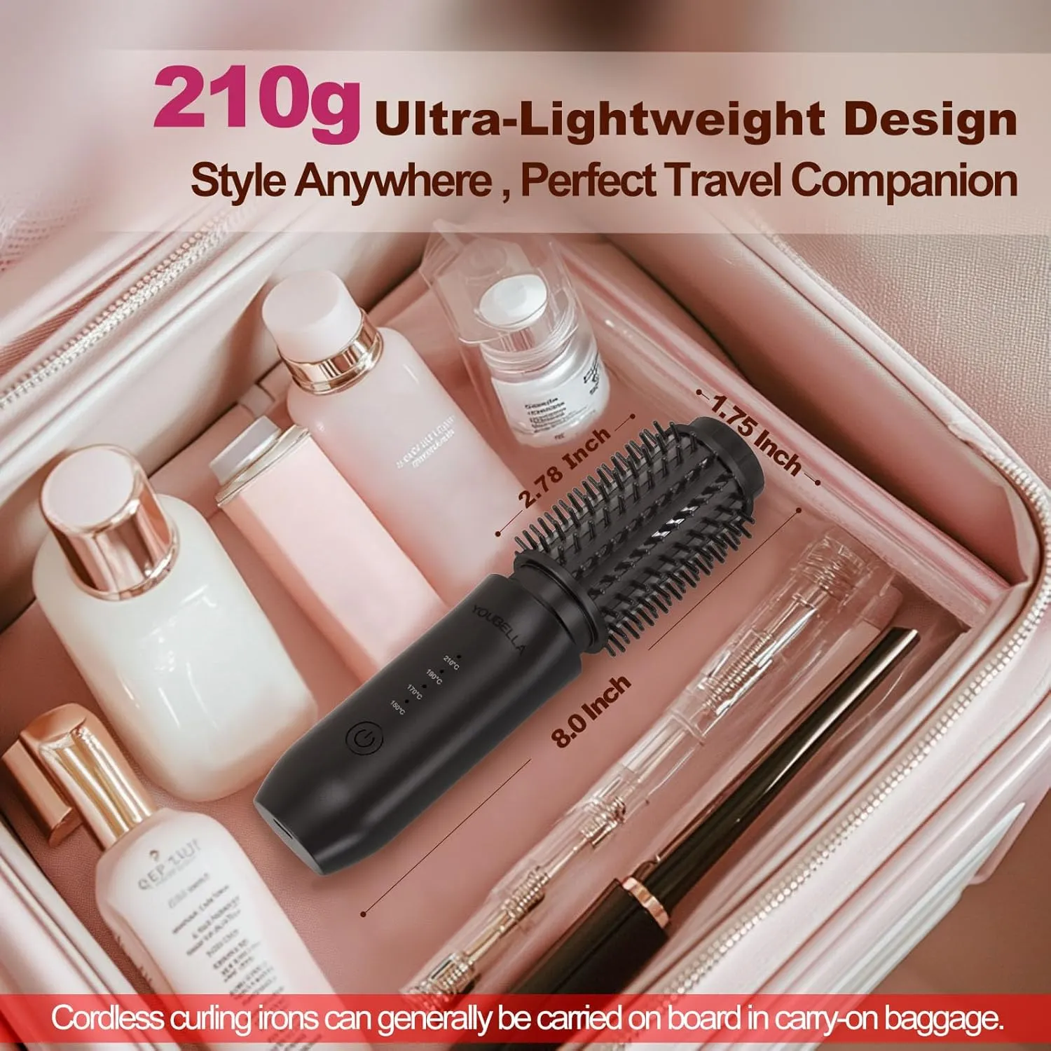 Cordless Hair Curling Iron Brush, Mini Travel Hot Straightener Comb, 3-in-1 Portable Wave Curling Wand, 1.5″ Ionic Heated Brush, USB Rechargeable Hair Curler, Pink