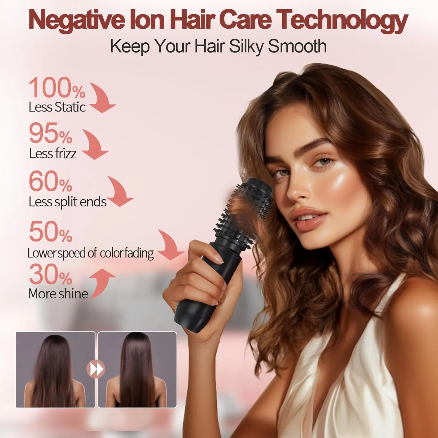 Cordless Hair Curling Iron Brush, Mini Travel Hot Straightener Comb, 3-in-1 Portable Wave Curling Wand, 1.5″ Ionic Heated Brush, USB Rechargeable Hair Curler, Pink