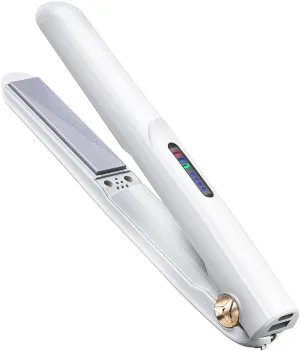 Cordless Hair Straightener and Curler 2 in 1 Ceramic Flat Iron Mini Cordless Portable Travel Hot Tools Straight Curl for Women Men USB Rechargeable with Pouch (White)
