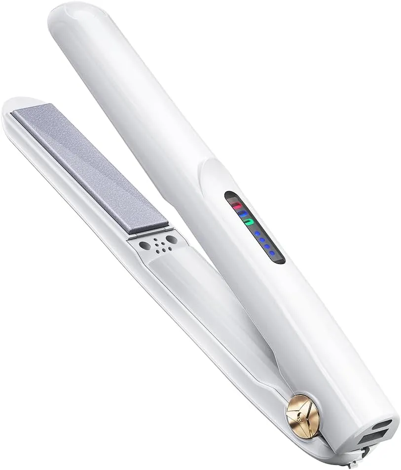 Cordless Hair Straightener and Curler 2 in 1 Ceramic Flat Iron Mini Cordless Portable Travel Hot Tools Straight Curl for Women Men USB Rechargeable with Pouch (White)
