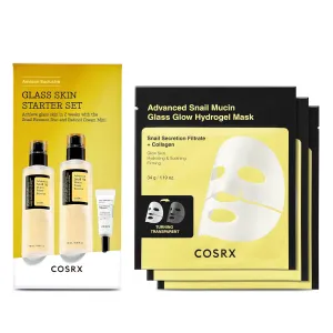 COSRX Glass Skin Starter Set   Hydrogel Mask 3EA- Snail 96% Essence Duo and Glass Glow Hydrogel Collagen Face Mask, Travel Essentials, Stocking Stuffers, Korean Skin Care