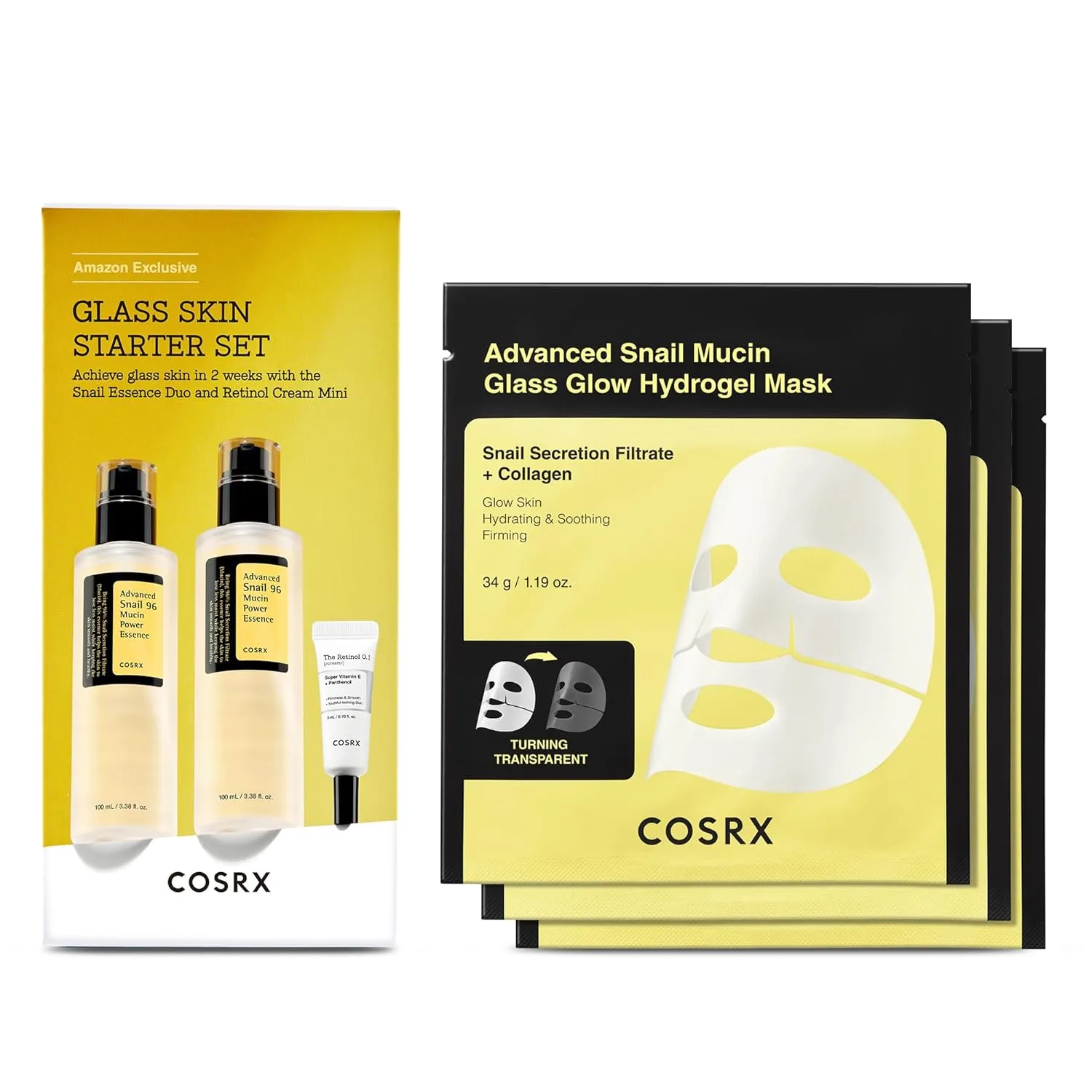 COSRX Glass Skin Starter Set   Hydrogel Mask 3EA- Snail 96% Essence Duo and Glass Glow Hydrogel Collagen Face Mask, Travel Essentials, Stocking Stuffers, Korean Skin Care