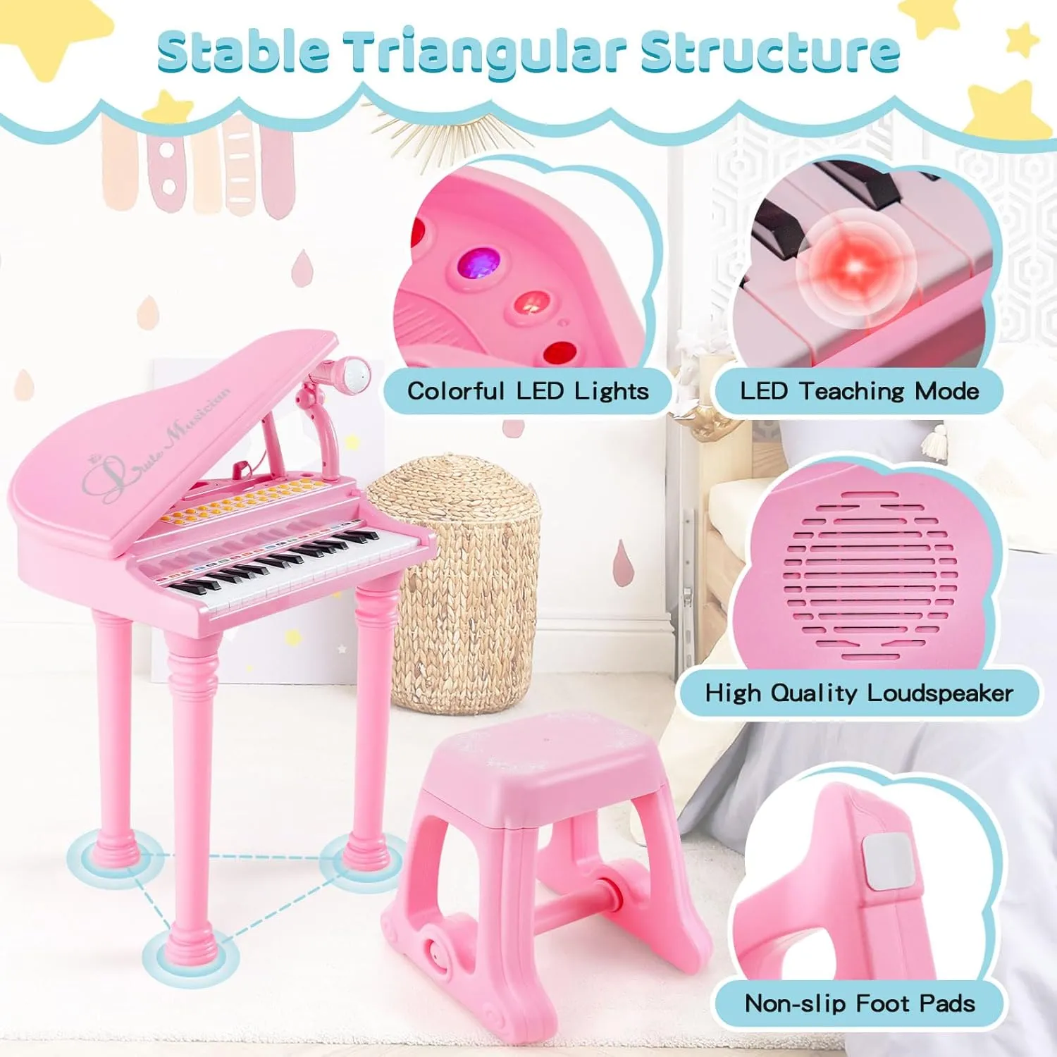Costzon Kids Piano, 31 Key Mini Grand Piano Toy Keyboard with Microphone, Stool & Lights, Portable Electronic Piano Educational Musical Instrument Toy, Birthday Gift for Toddler Boys Girls (Pink)