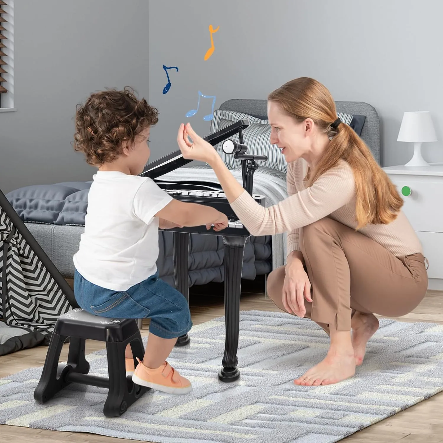 Costzon Kids Piano, 37 Key Mini Grand Piano Toy Keyboard with Microphone, Stool & Lights, Portable Electronic Piano Educational Musical Instrument Toy, Birthday Gift for Toddler Boys Girls (Black)