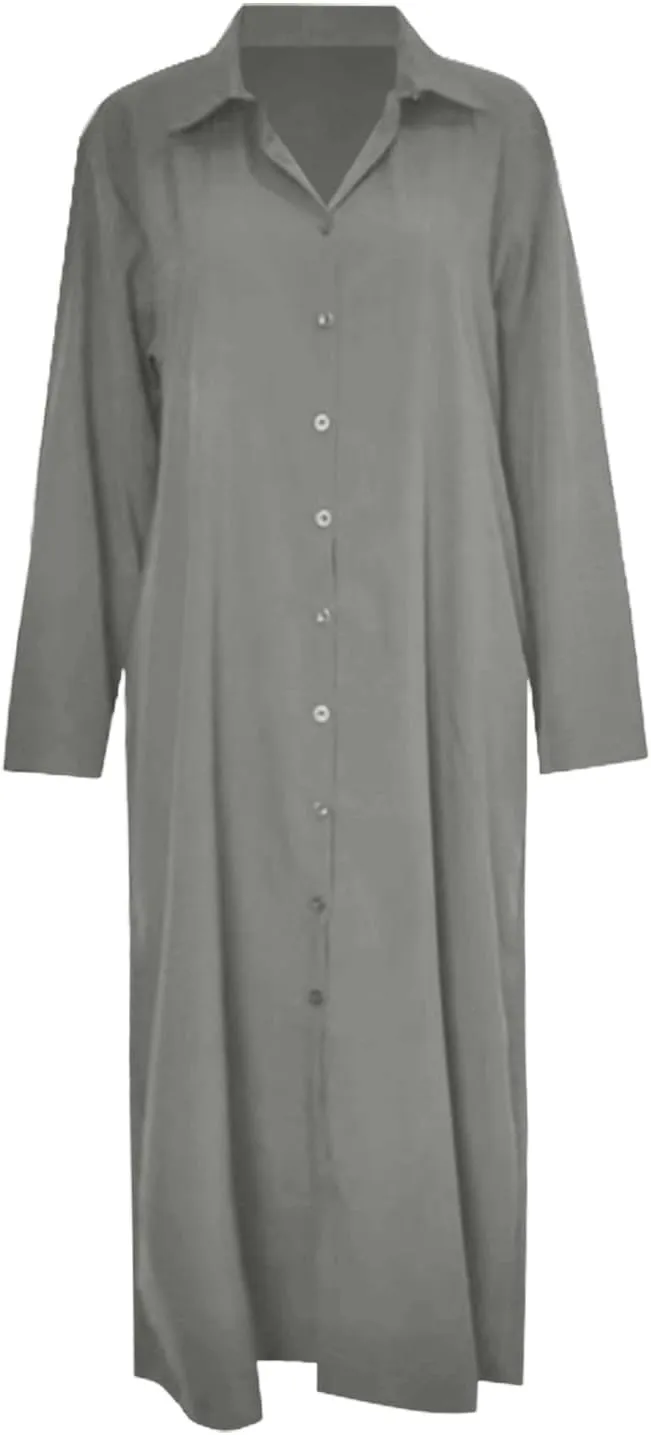 Cotton Linen Shirt Dresses for Women 2024 Casual Long Sleeve Button Down Maxi Dress Lapel Outdoor Swing Sundress