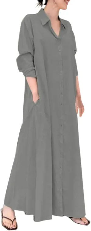 Cotton Linen Shirt Dresses for Women 2024 Casual Long Sleeve Button Down Maxi Dress Lapel Outdoor Swing Sundress
