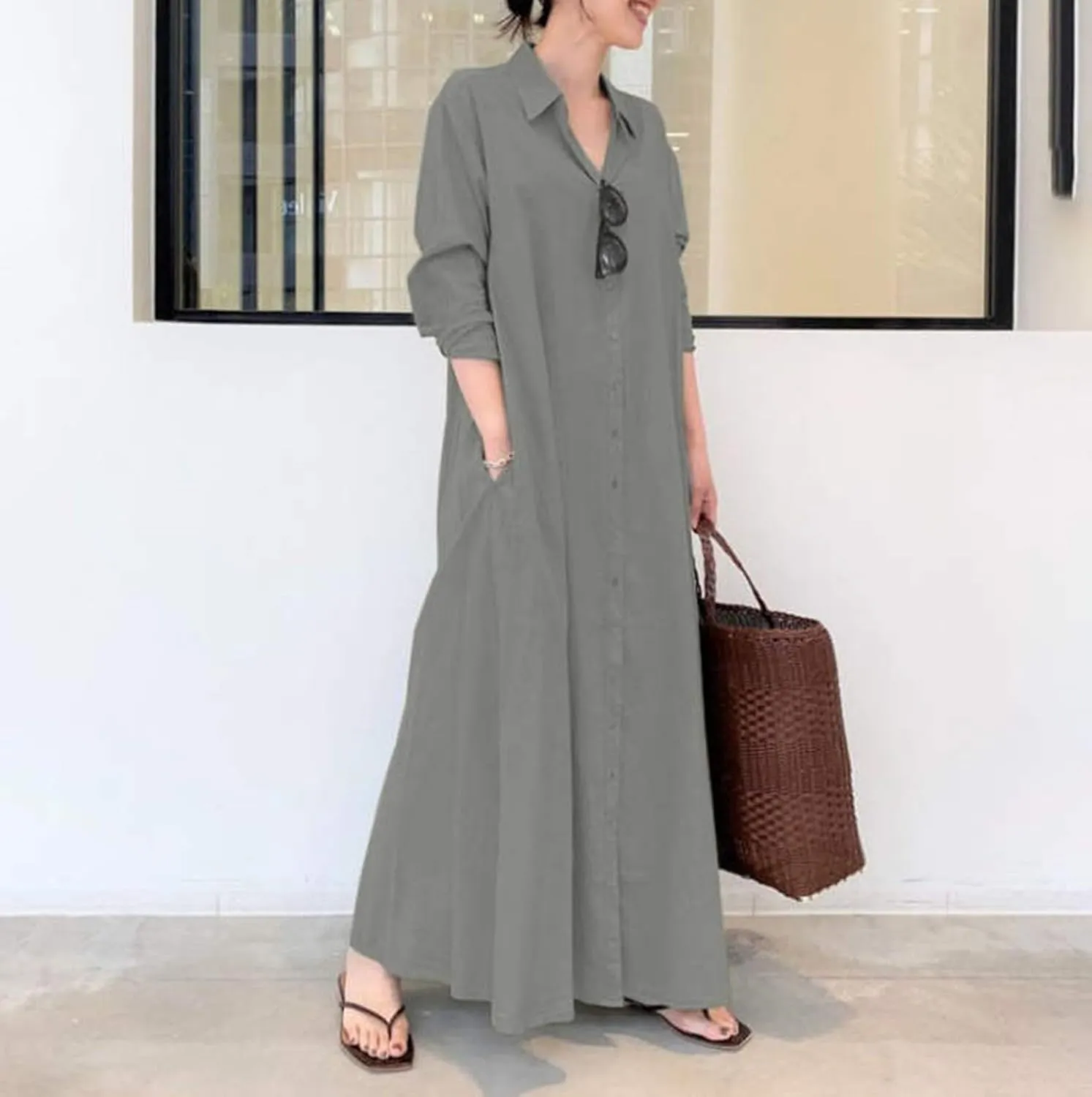 Cotton Linen Shirt Dresses for Women 2024 Casual Long Sleeve Button Down Maxi Dress Lapel Outdoor Swing Sundress