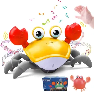 Crawling Crab Baby Toy with Music and Light, Tummy Time Walking Crab with Sensor Obstacle Avoidance, USB Rechargeable, Fun Moving Toy for Babies, Toddlers and Kids (Orange)