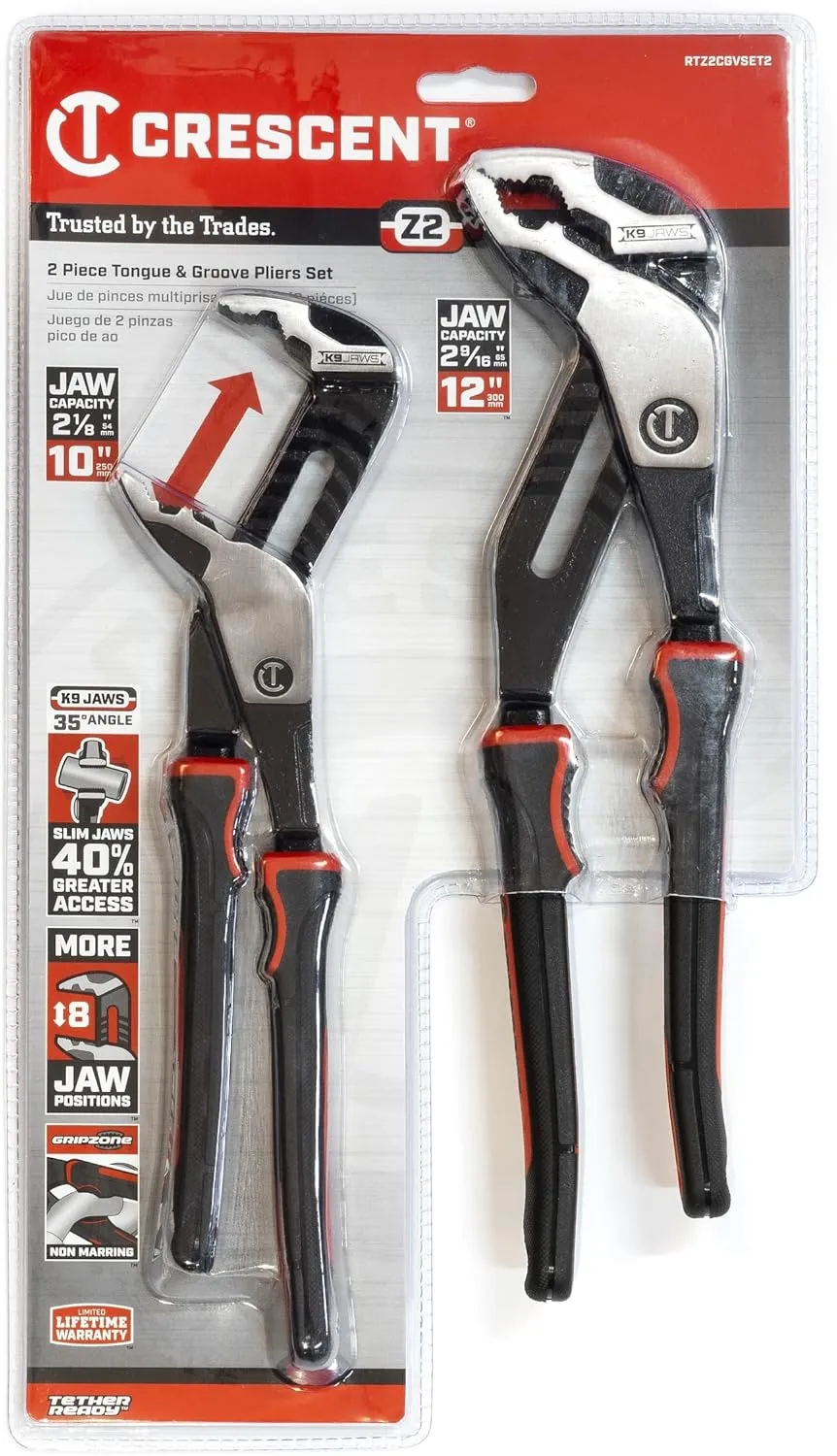Crescent Z2 K9 V-Jaw Dual Material Tongue & Groove Plier Set - Adjustable Plier Set with 8 Jaw Positions - Premium Hand Tool Set - 2-Piece Set - RTZ2CGVSET2