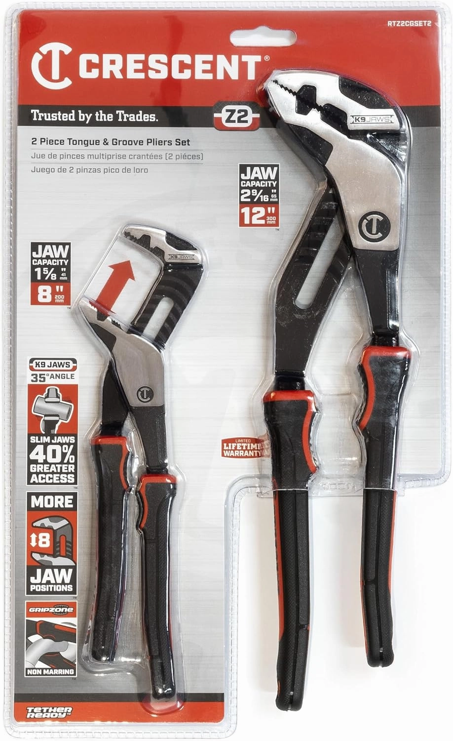 Crescent Z2 K9 Straight Jaw Dual Material Tongue & Groove Plier Set - Adjustable Plier Set with 8 Jaw Positions - Premium Hand Tool Set - 2-Piece Set - RTZ2CGSET2