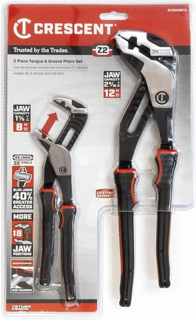 Crescent Z2 K9 Straight Jaw Dual Material Tongue & Groove Plier Set - Adjustable Plier Set with 8 Jaw Positions - Premium Hand Tool Set - 2-Piece Set - RTZ2CGSET2