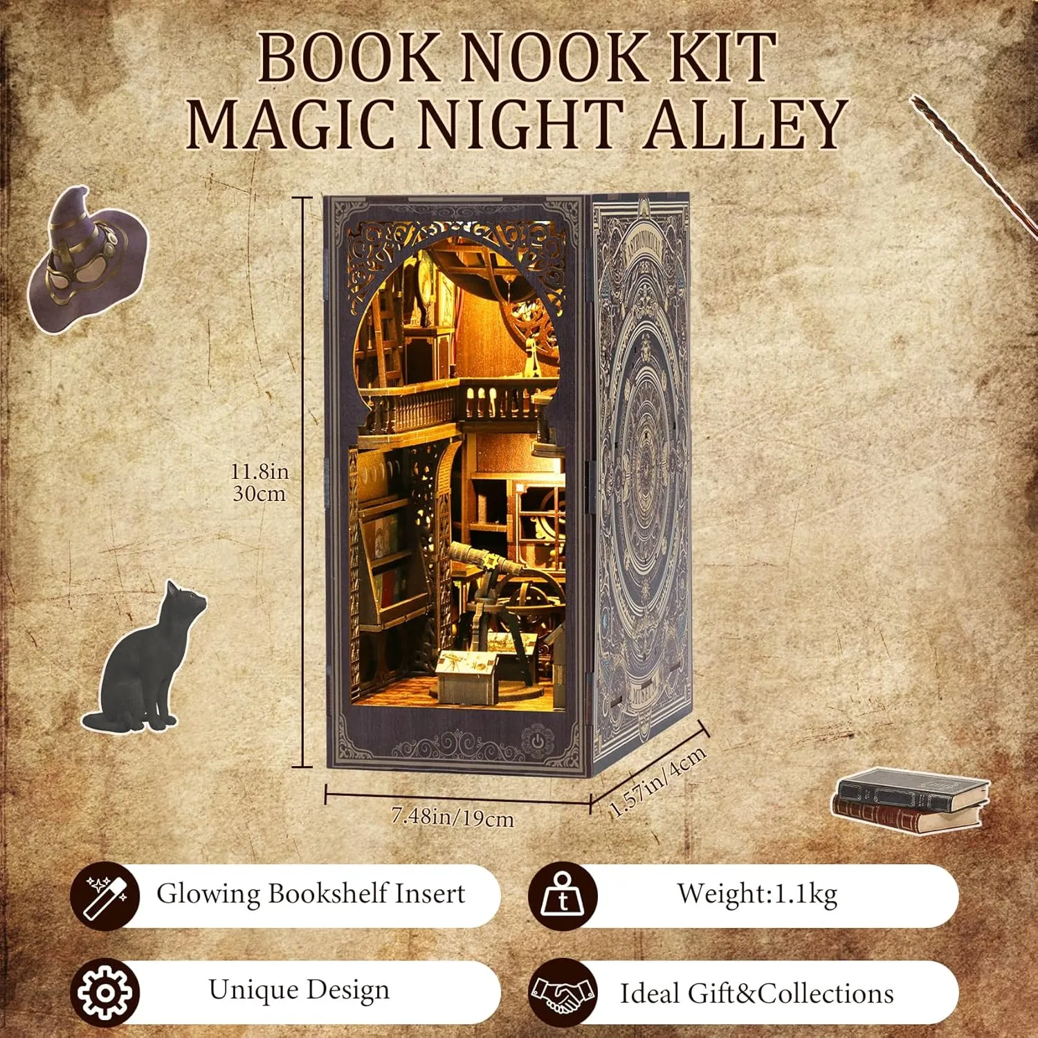 CRIOLPO DIY Book Nook Kit,Miniature Bookshelf Insert with LED Sensor Light, 3D Wooden Doll House for Adults and Teens, Perfect for Home Decor and Gifts