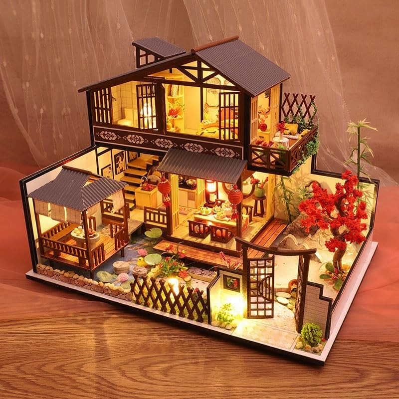 CRIOLPO Courtyard Model, Multi Layer Villa Wooden Dollhouse Kit, DIY Miniature Dollhouse with Wooden Furniture Kit, 1:24 Scale Creative Doll House Toys for Adult, Home DéCor - Linqi Valley Residence