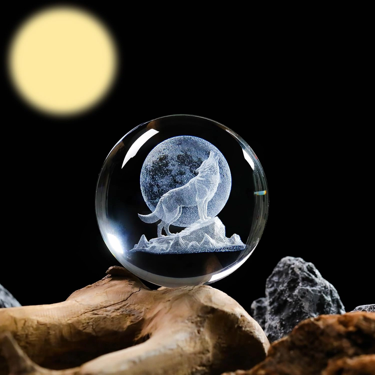 Crystal 3D Wolf 3.15in Ball Figurine Gifts for Men, Collectible Glass Animal Art Sphere for Room with LED Light Base Keepsakes for Wolves Lovers Home Decor Paperweight
