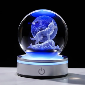 Crystal 3D Wolf 3.15in Ball Figurine Gifts for Men, Collectible Glass Animal Art Sphere for Room with LED Light Base Keepsakes for Wolves Lovers Home Decor Paperweight