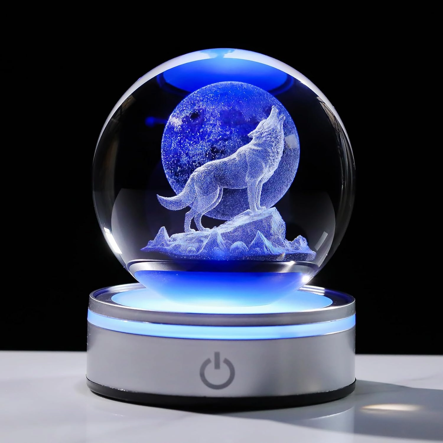 Crystal 3D Wolf 3.15in Ball Figurine Gifts for Men, Collectible Glass Animal Art Sphere for Room with LED Light Base Keepsakes for Wolves Lovers Home Decor Paperweight