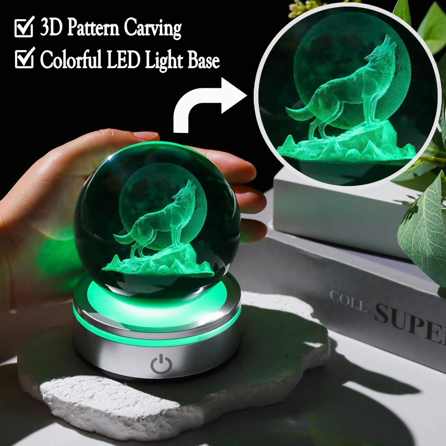 Crystal 3D Wolf 3.15in Ball Figurine Gifts for Men, Collectible Glass Animal Art Sphere for Room with LED Light Base Keepsakes for Wolves Lovers Home Decor Paperweight