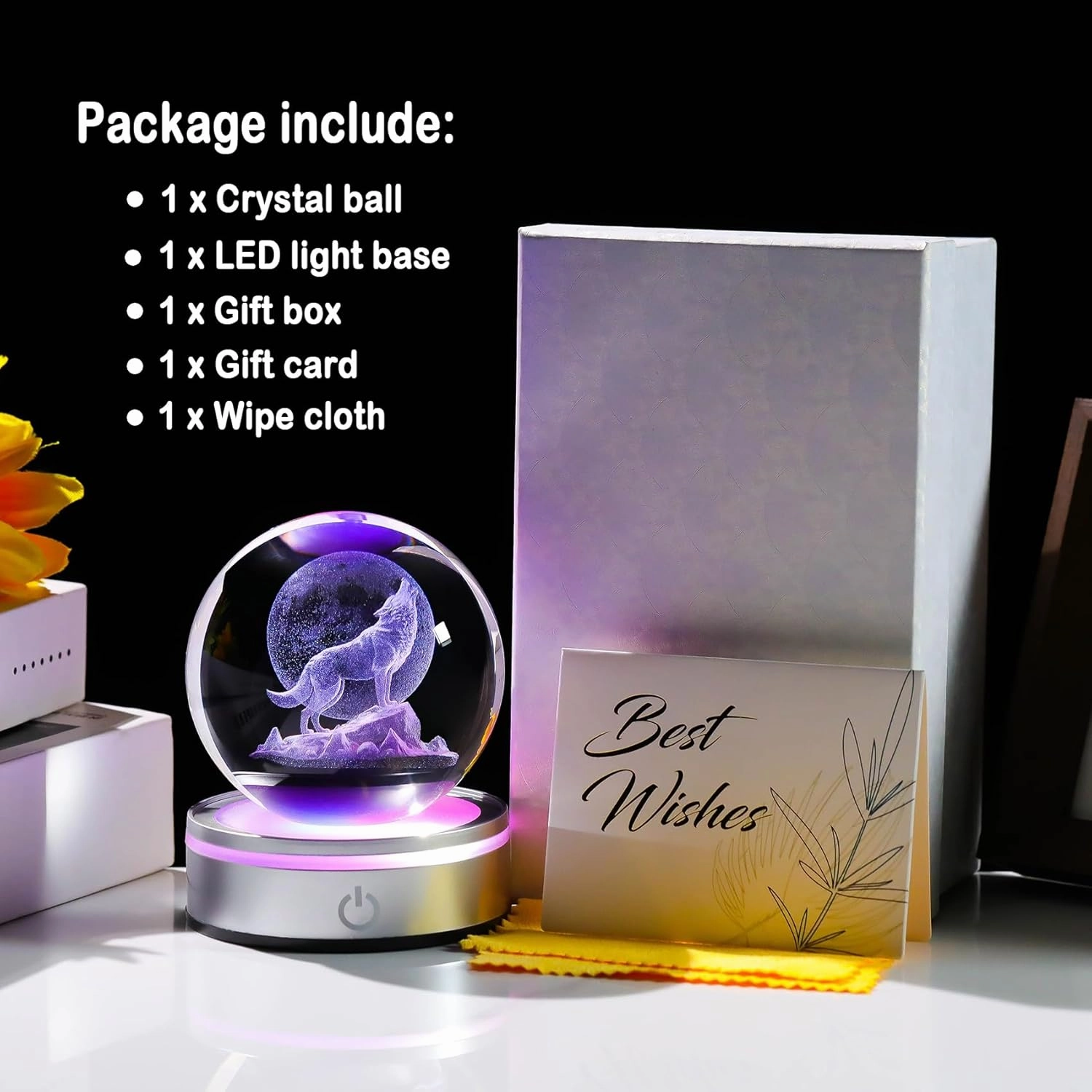 Crystal 3D Wolf 3.15in Ball Figurine Gifts for Men, Collectible Glass Animal Art Sphere for Room with LED Light Base Keepsakes for Wolves Lovers Home Decor Paperweight