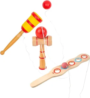 Curious Minds Busy Bags Set of 3 Wood Skill Game Toys - 1 Kendama, 1 Ball and Cup Catch Game, 1 Paddle Ball Score - Small Wood Ball and Cup Wooden Mexican Yo Yo Toy Yoyo Skill Trick Toy Kids Teens