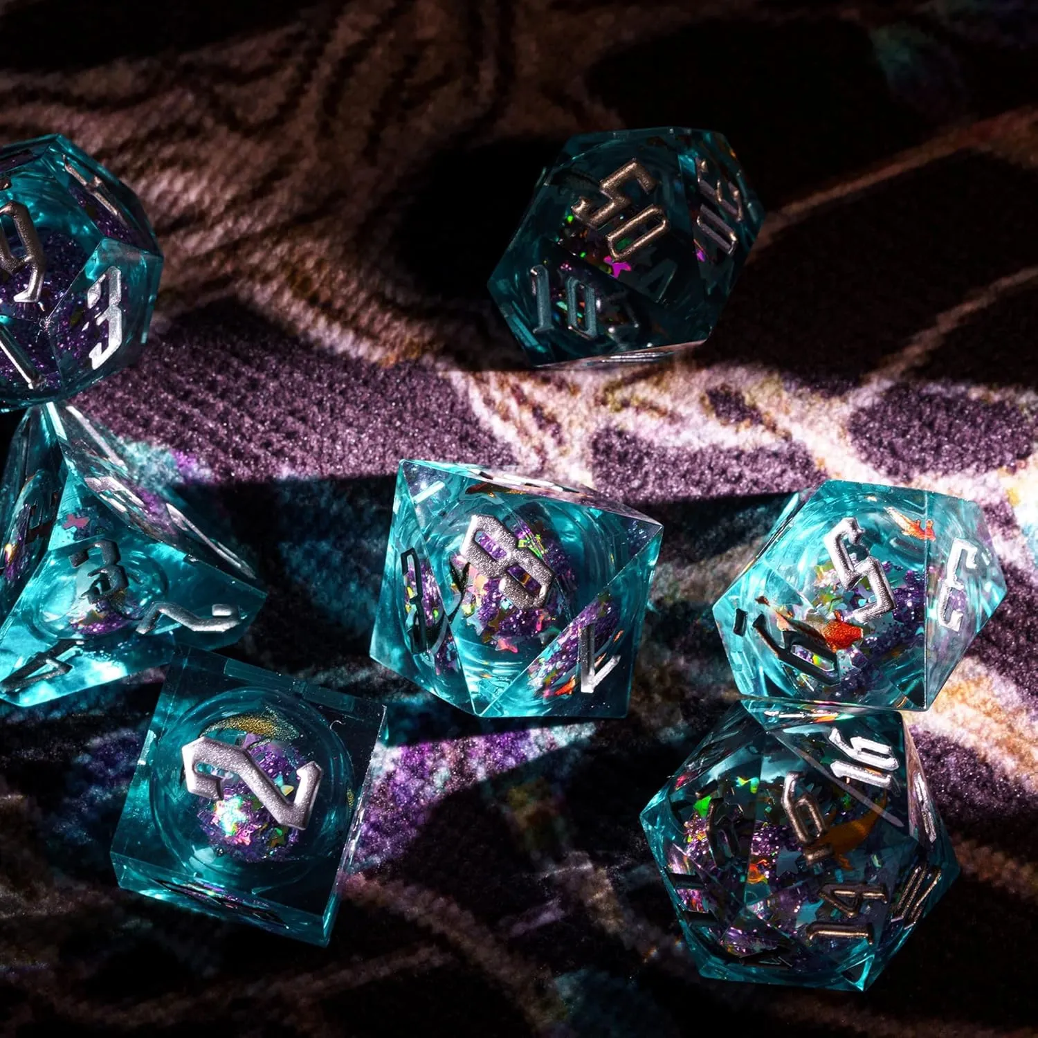 Cusdie 7-Die Sharp Edges DND Dice Set, Quicksand Polyhedral D&D Dice Set w/Goldfish Stickers for DND Dungeons and Dragons TTRPG Role Playing Games