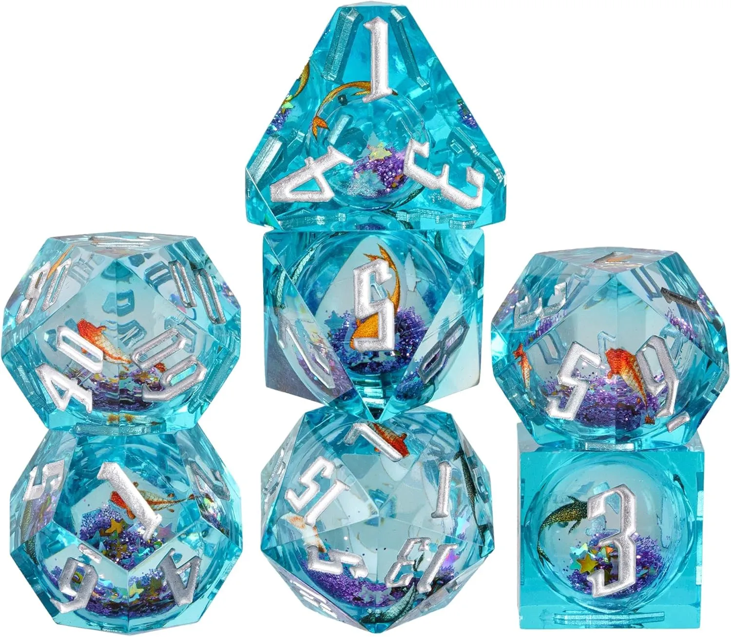 Cusdie 7-Die Sharp Edges DND Dice Set, Quicksand Polyhedral D&D Dice Set w/Goldfish Stickers for DND Dungeons and Dragons TTRPG Role Playing Games