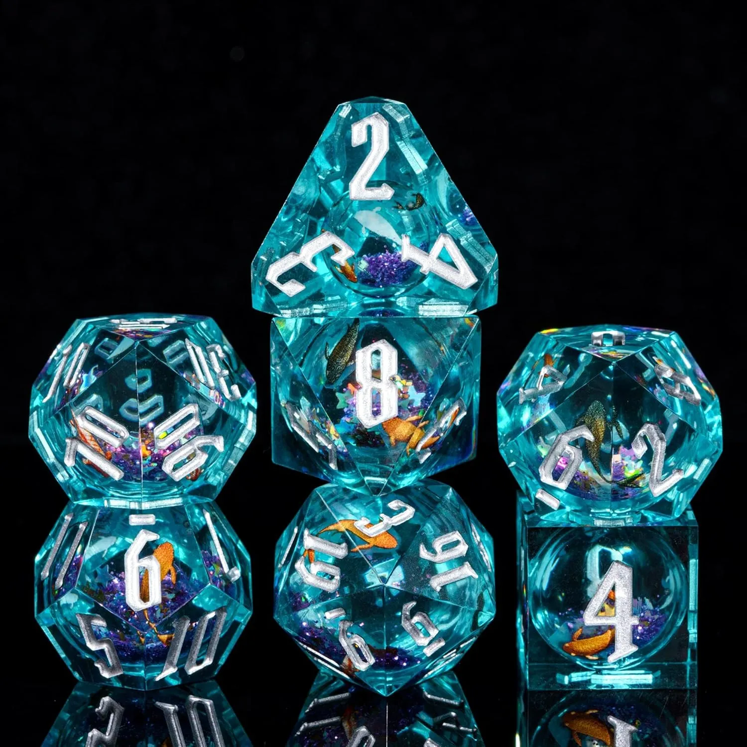Cusdie 7-Die Sharp Edges DND Dice Set, Quicksand Polyhedral D&D Dice Set w/Goldfish Stickers for DND Dungeons and Dragons TTRPG Role Playing Games