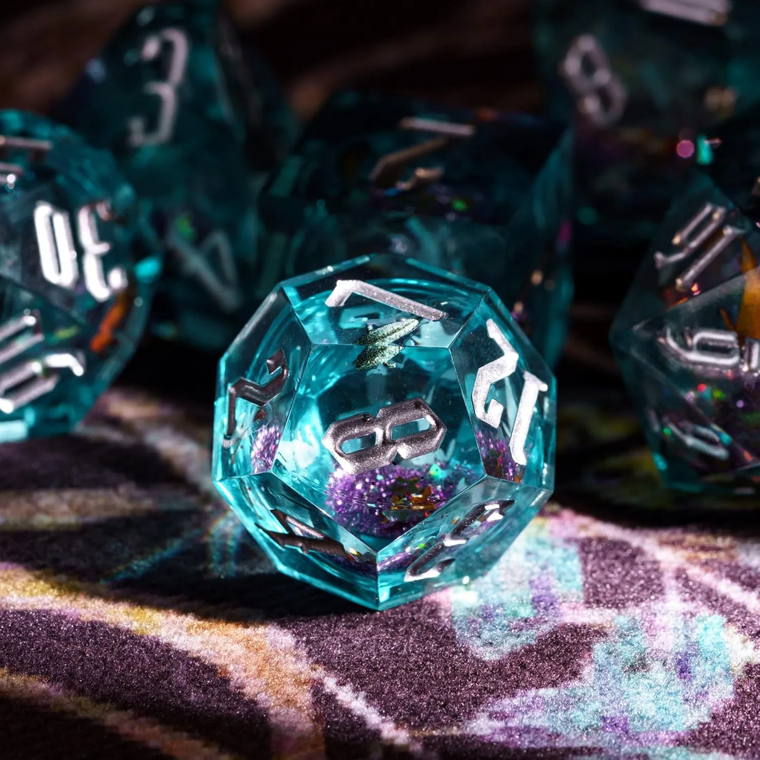 Cusdie 7-Die Sharp Edges DND Dice Set, Quicksand Polyhedral D&D Dice Set w/Goldfish Stickers for DND Dungeons and Dragons TTRPG Role Playing Games