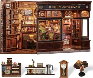 Cutefun Book Nook Kit, DIY Miniature Dollhouse Booknook Kit for Adults and Teens, Tiny House Bookshelf Insert Decor with LED Light, Gifts for Family and Friends (Corner Coffee Shop)