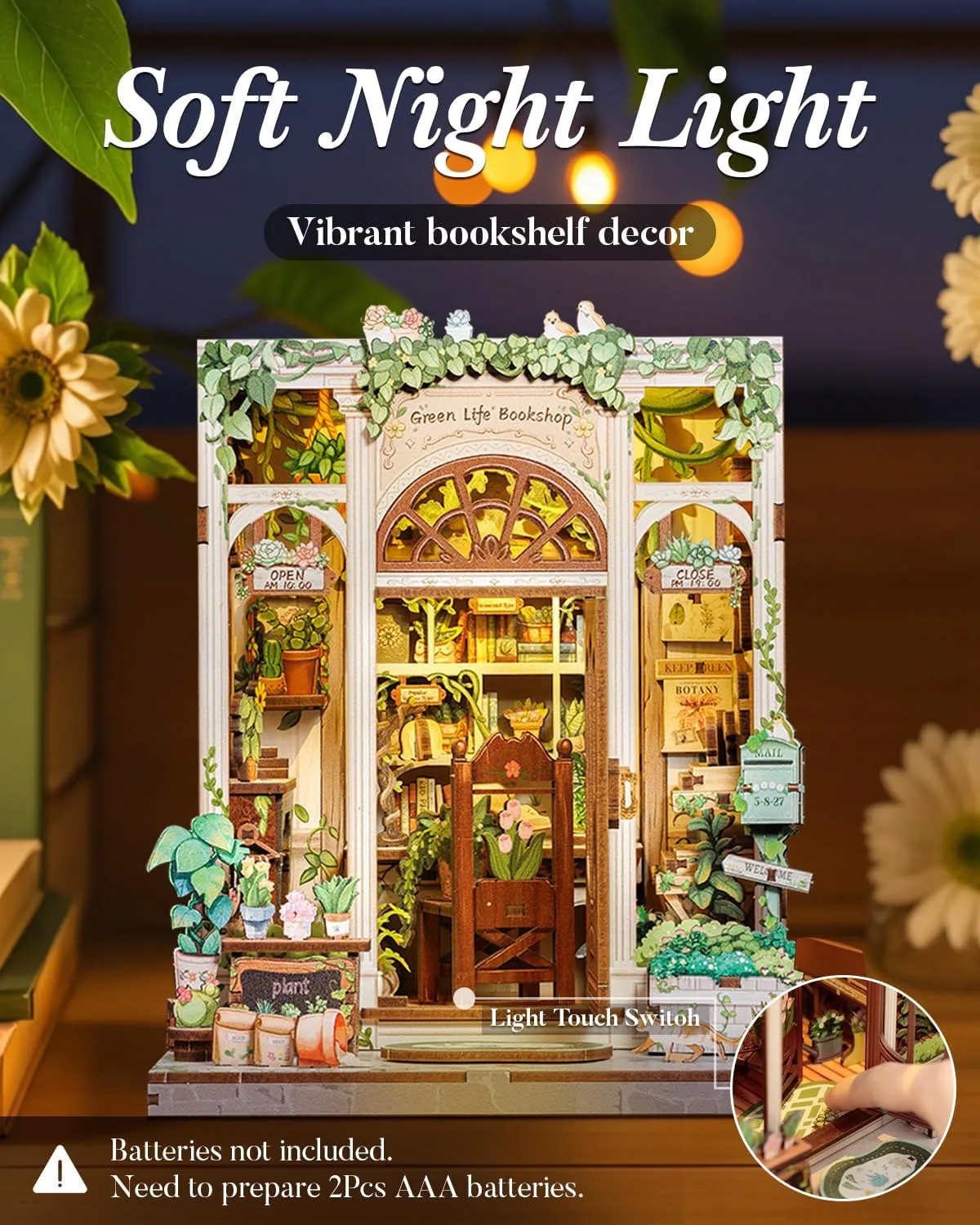 Cutefun Book Nook Kit, DIY Miniature Dollhouse Booknook Kit for Adults and Teens, Tiny House Bookshelf Insert Decor with LED Light, Gifts for Family and Friends (Green Life Bookshop)