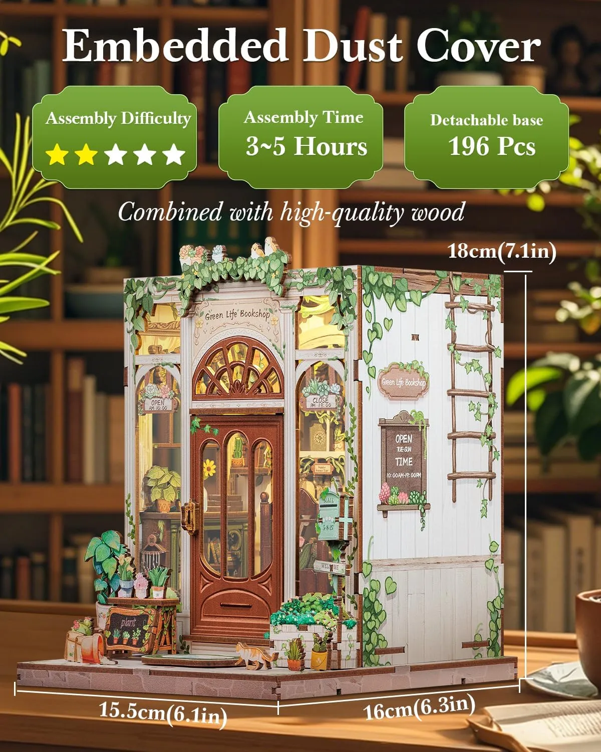 Cutefun Book Nook Kit, DIY Miniature Dollhouse Booknook Kit for Adults and Teens, Tiny House Bookshelf Insert Decor with LED Light, Gifts for Family and Friends (Green Life Bookshop)