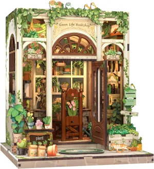 Cutefun Book Nook Kit, DIY Miniature Dollhouse Booknook Kit for Adults and Teens, Tiny House Bookshelf Insert Decor with LED Light, Gifts for Family and Friends (Green Life Bookshop)