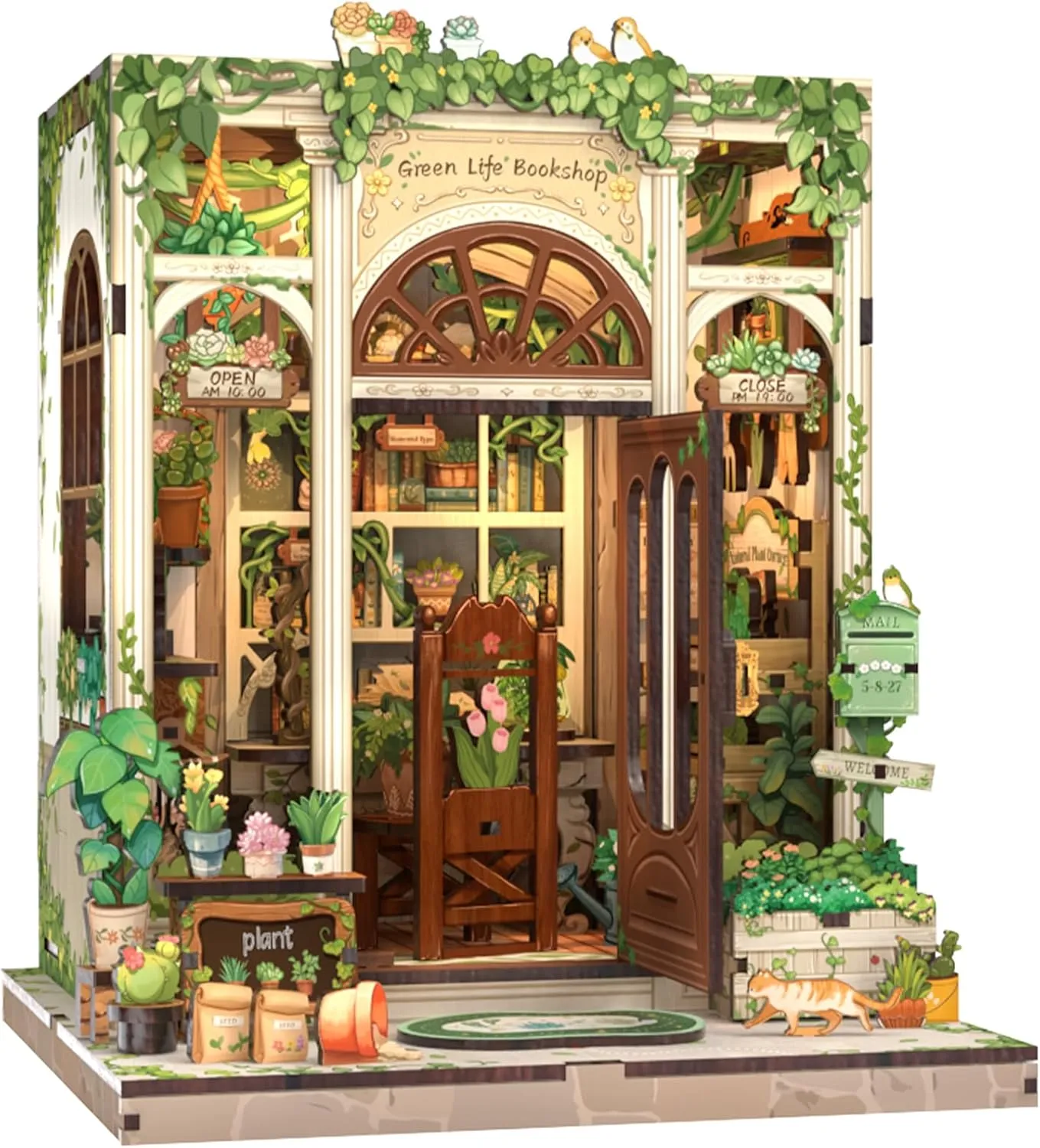 Cutefun Book Nook Kit, DIY Miniature Dollhouse Booknook Kit for Adults and Teens, Tiny House Bookshelf Insert Decor with LED Light, Gifts for Family and Friends (Green Life Bookshop)