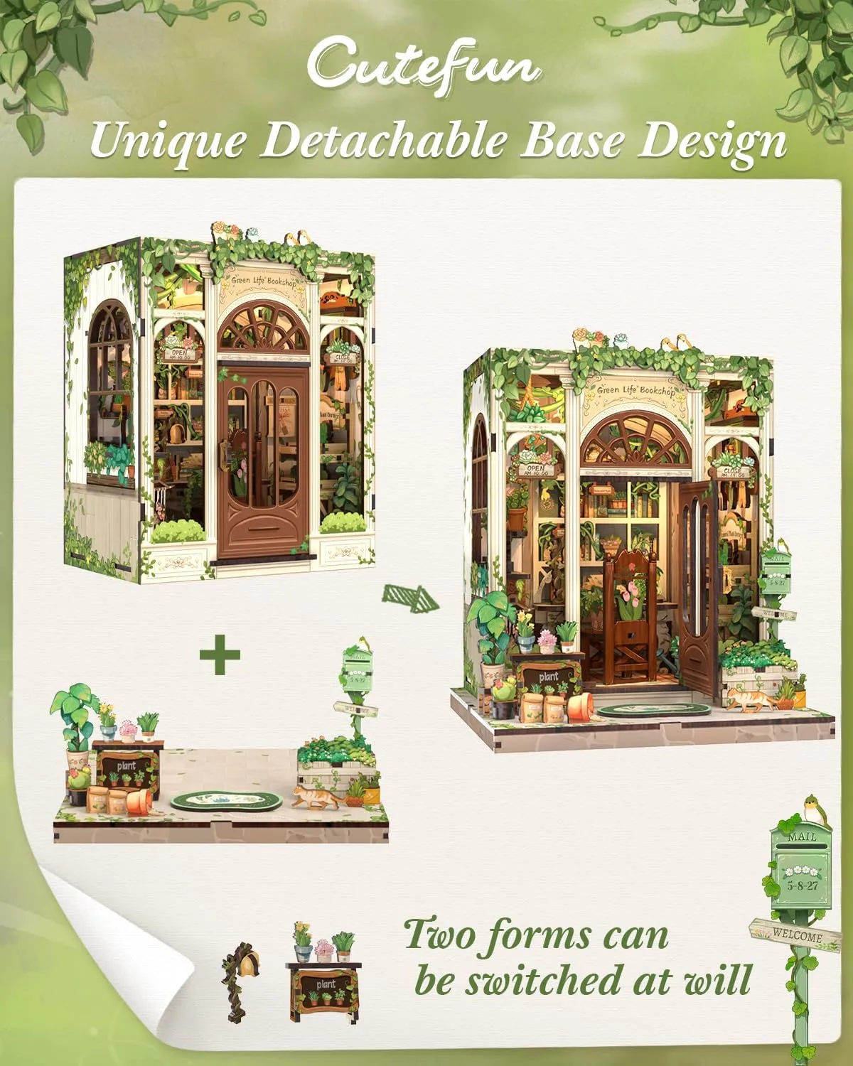 Cutefun Book Nook Kit, DIY Miniature Dollhouse Booknook Kit for Adults and Teens, Tiny House Bookshelf Insert Decor with LED Light, Gifts for Family and Friends (Green Life Bookshop)