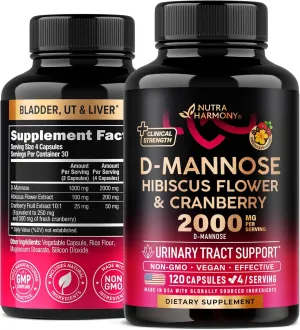 D-Mannose 2000mg with Cranberry 500mg & Hibiscus - Clinically Tested Strength for Urinary Tract Health - Supplement for Women - Bladder, Liver & Microflora Support - Made in USA - Vegan, 120 Capsules