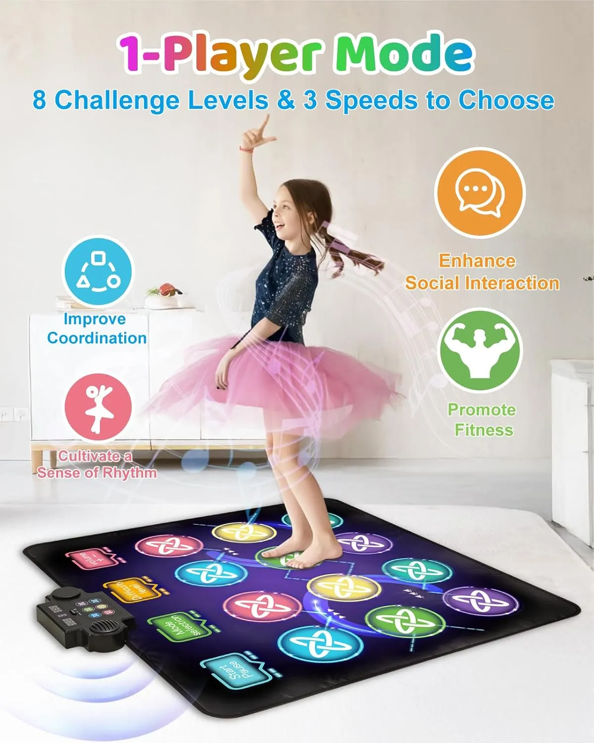 Dance Game Mat for Kids, LED Light-Up 12-Button Dance Pad with Adjustable Volume, Built-in Music, 1-Player & 2-Player Mode, 8 Challenge Modes and 3 Speed Level, for Kids Age 3-12