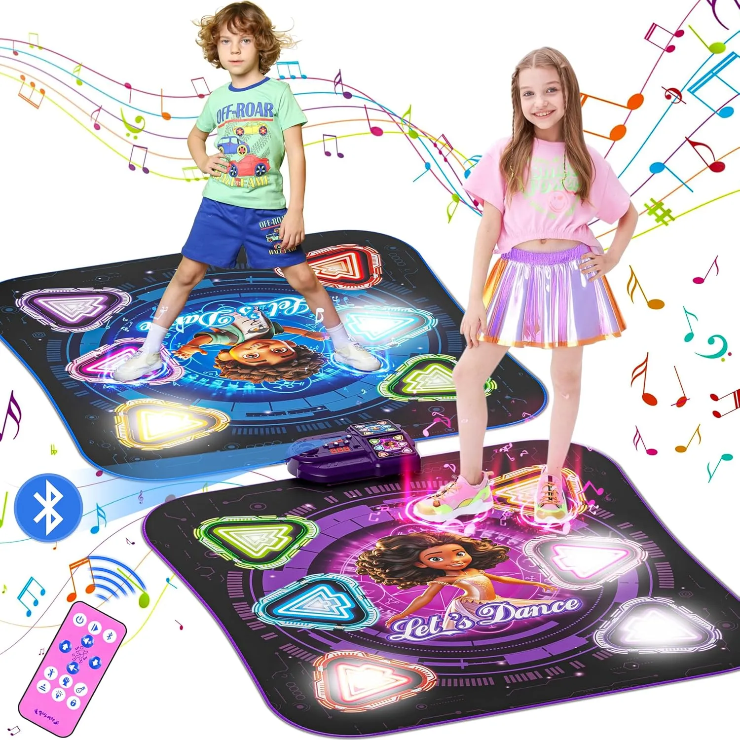 Dance Mat, 2025 Light Up 2-Player Opposing Dance Pad with Single & Double Player Modes, 12-Button Dancing Toys Music Games with Wireless Bluetooth, Birthday for 3-12 Year Old Boys Girls