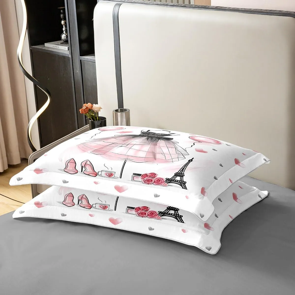Dancing Dress Kids Duvet Cover 100% Cotton Queen Size,High-Heels Eiffel Tower Bedding Set for Girls Women,Roses Flowers Love Heart Romantic Pink White Comforter Cover,2 Pillowcases(No Comforter)