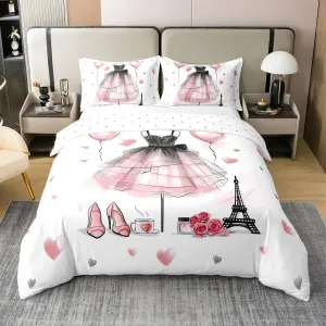 Dancing Dress Kids Duvet Cover 100% Cotton Queen Size,High-Heels Eiffel Tower Bedding Set for Girls Women,Roses Flowers Love Heart Romantic Pink White Comforter Cover,2 Pillowcases(No Comforter)
