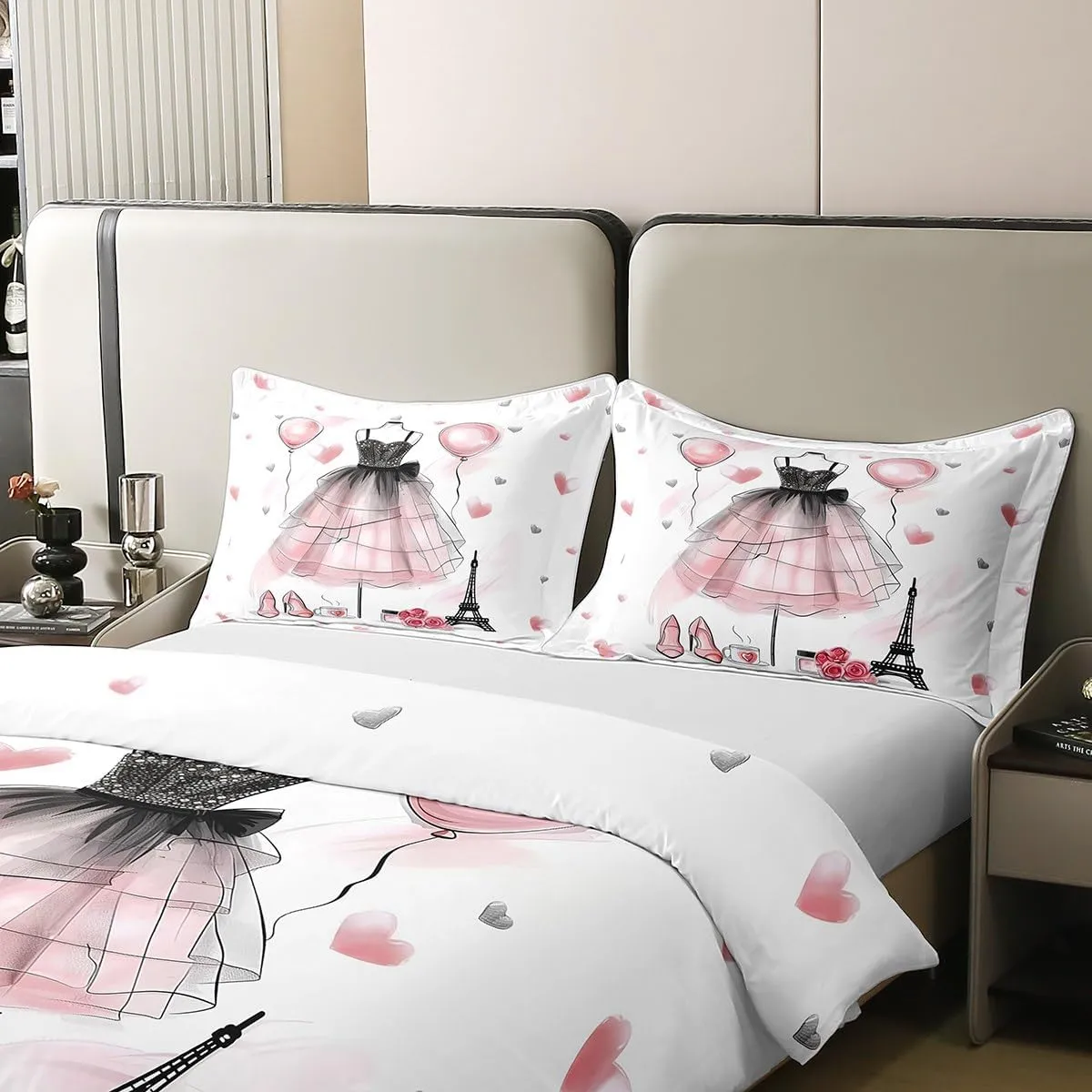 Dancing Dress Kids Duvet Cover 100% Cotton Queen Size,High-Heels Eiffel Tower Bedding Set for Girls Women,Roses Flowers Love Heart Romantic Pink White Comforter Cover,2 Pillowcases(No Comforter)