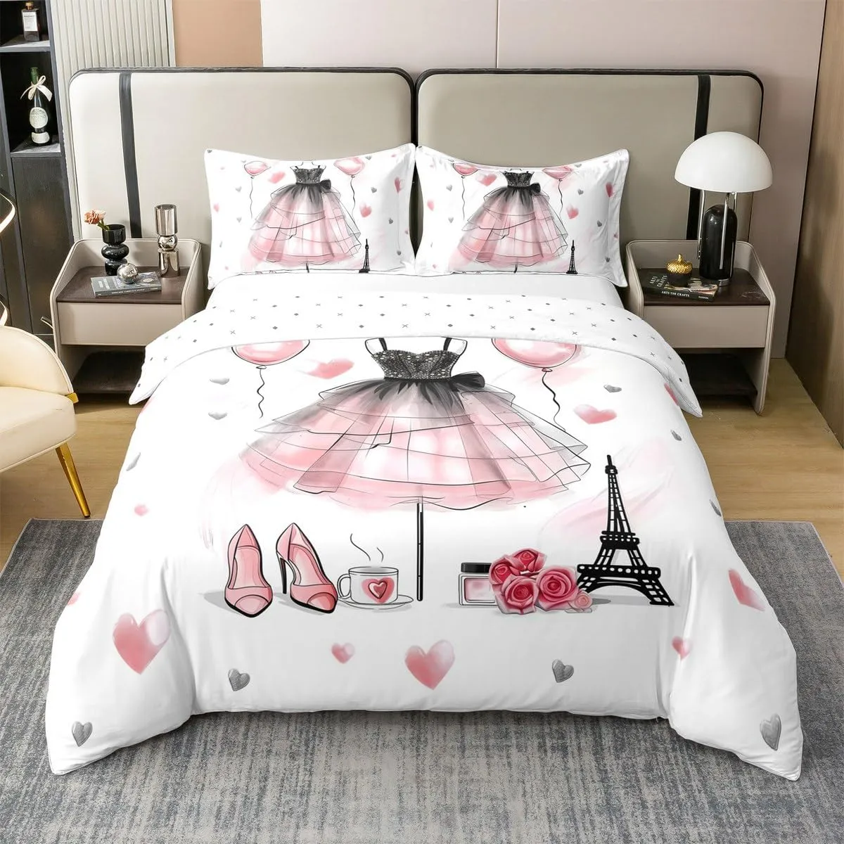 Dancing Dress Kids Duvet Cover 100% Cotton Queen Size,High-Heels Eiffel Tower Bedding Set for Girls Women,Roses Flowers Love Heart Romantic Pink White Comforter Cover,2 Pillowcases(No Comforter)