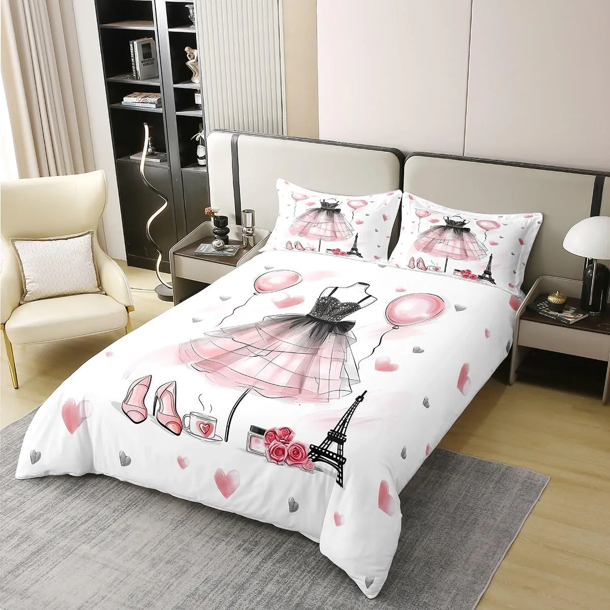 Dancing Dress Kids Duvet Cover 100% Cotton Queen Size,High-Heels Eiffel Tower Bedding Set for Girls Women,Roses Flowers Love Heart Romantic Pink White Comforter Cover,2 Pillowcases(No Comforter)