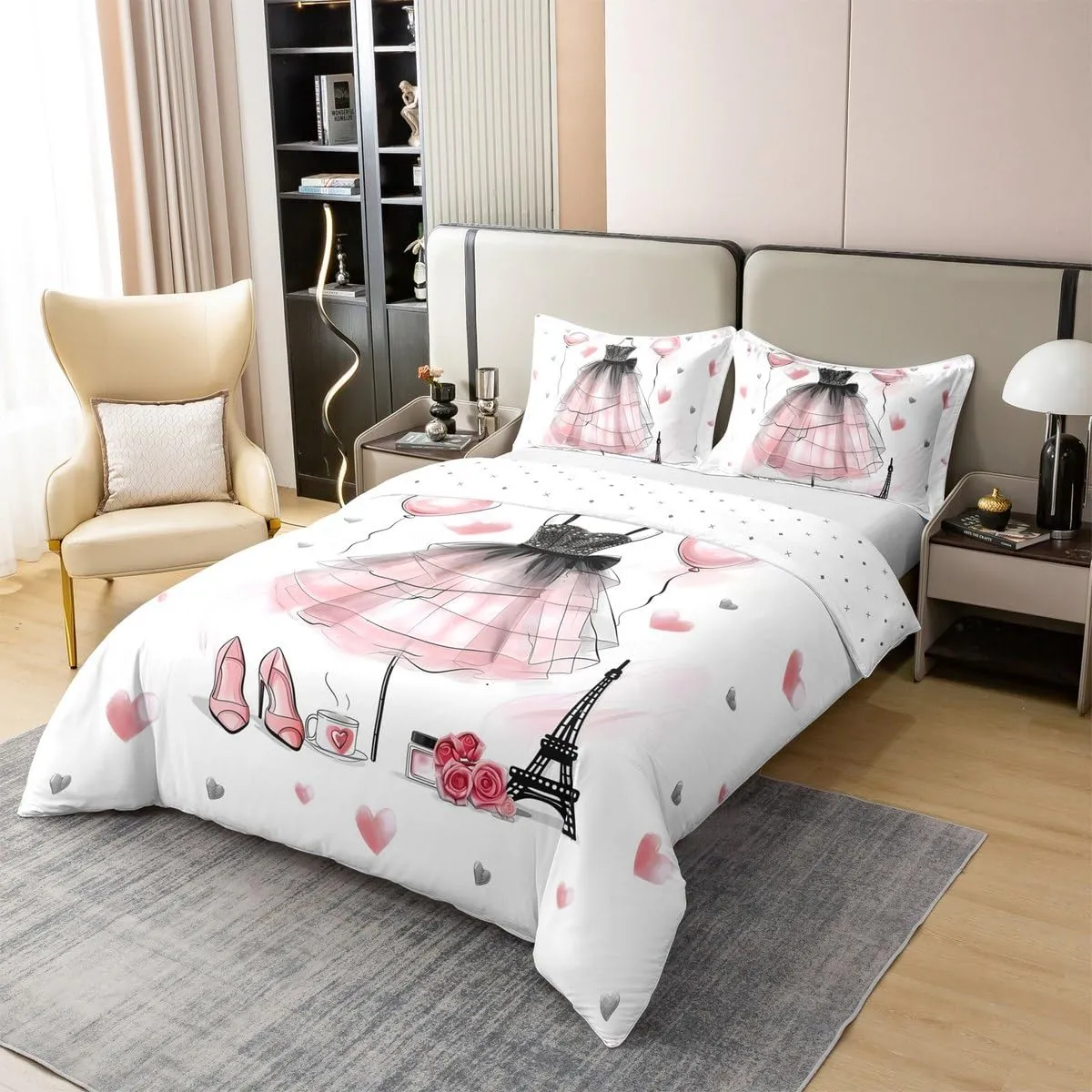 Dancing Dress Kids Duvet Cover 100% Cotton Queen Size,High-Heels Eiffel Tower Bedding Set for Girls Women,Roses Flowers Love Heart Romantic Pink White Comforter Cover,2 Pillowcases(No Comforter)