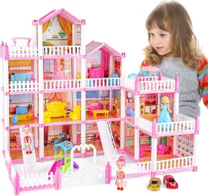 deAO 4-Story Dollhouse for Girls with 14 Rooms Kids Play Doll House Playset with 4 Dolls, Furniture & Accessories, Princess Castle Dollhouse Toy for 3 4 5 6 7 8 Kids Girls Toys