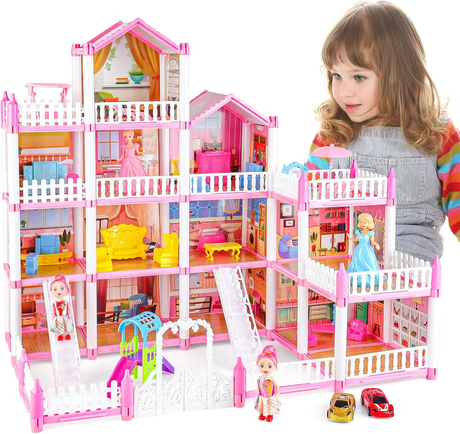 deAO 4-Story Dollhouse for Girls with 14 Rooms Kids Play Doll House Playset with 4 Dolls, Furniture & Accessories, Princess Castle Dollhouse Toy for 3 4 5 6 7 8 Kids Girls Toys