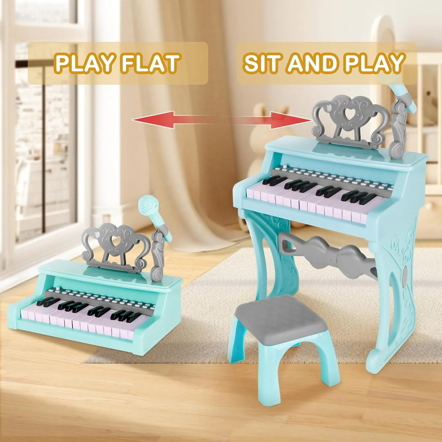 deAO Toddler Piano for Girls 3-6 Years - 25 Key Baby Piano Keyboard with Stool & Microphone-22 Songs Educational Musical Toy, Birthday Christmas Girls Gifts (Blue)