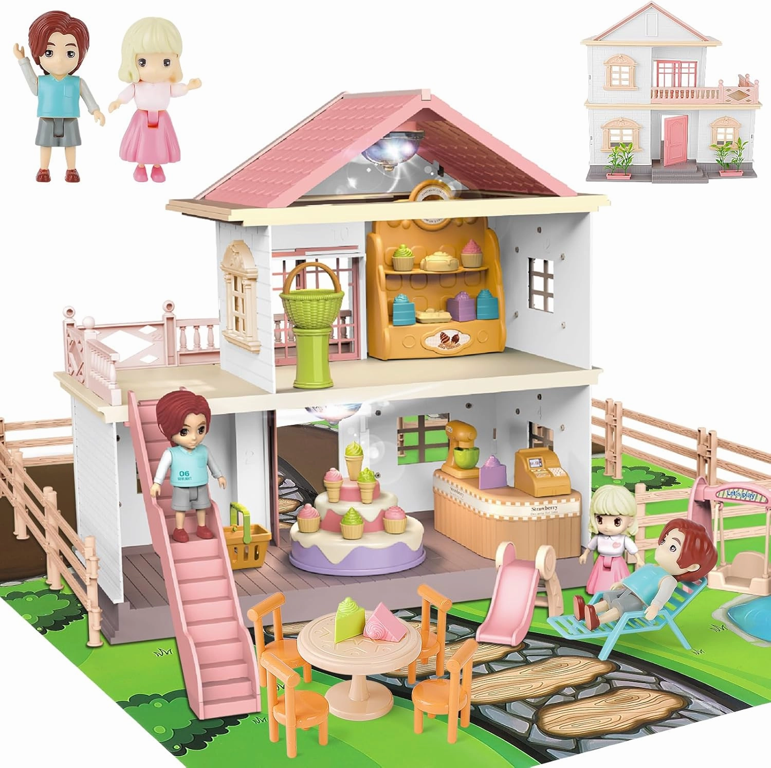 deAO Dollhouse for Girls,2-Story Doll House with 2 Dolls & Play Mat,DIY Pretend Play Building Playset,Dollhouse Asseccories and Furniture,Gift for 3  Girls Boys