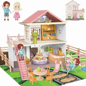 deAO Dollhouse for Girls,2-Story Doll House with 2 Dolls & Play Mat,DIY Pretend Play Building Playset,Dollhouse Asseccories and Furniture,Gift for 3  Girls Boys